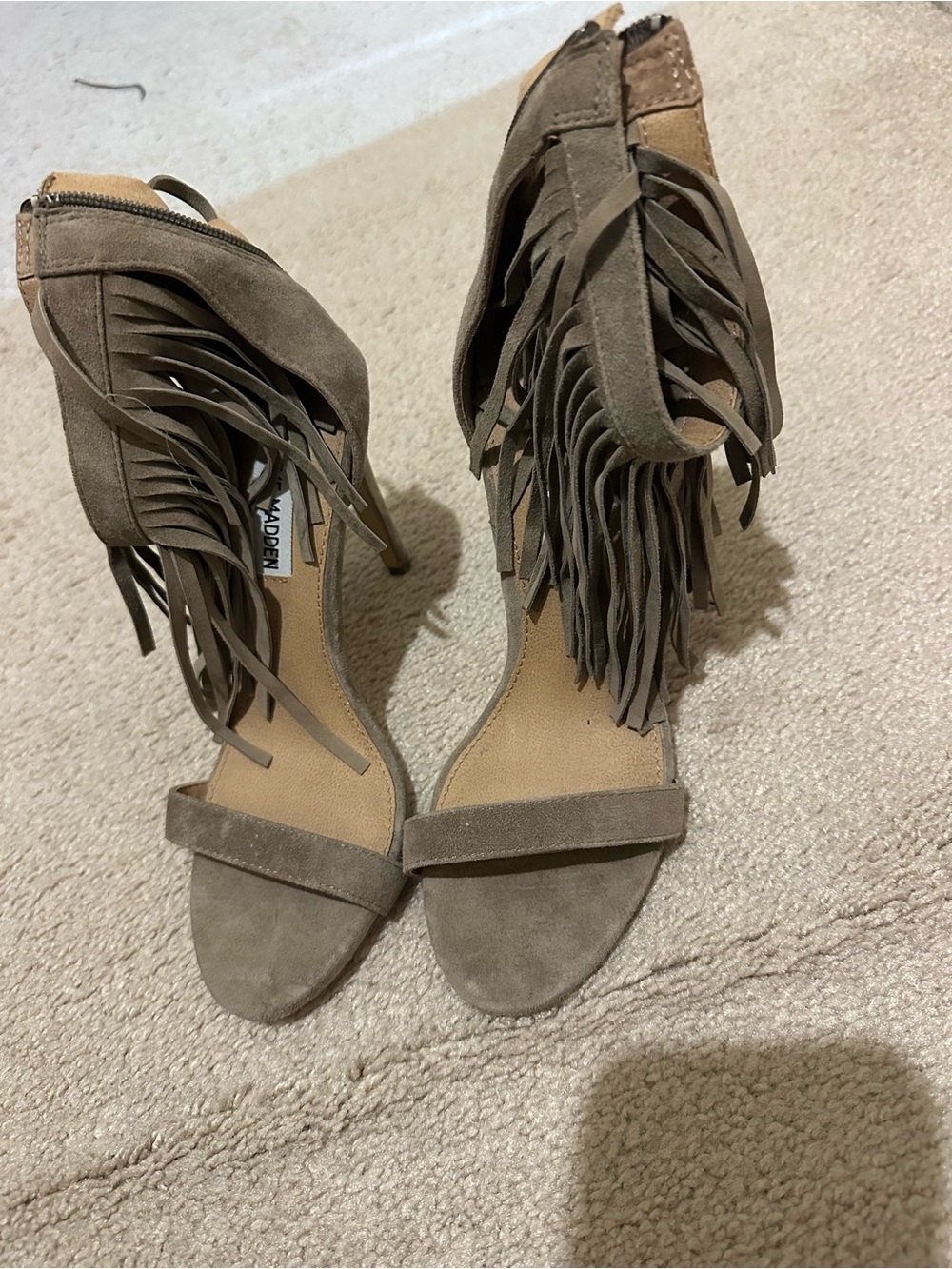 Steve Madden Taupe Fringe Suede Heeled Sandals
